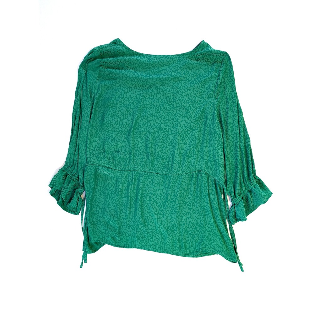 EVRI Green Leopard Blouse - Women's XL - Jacquard Peplum V-Neck Ruffle Sleeve - Picture 2 of 5